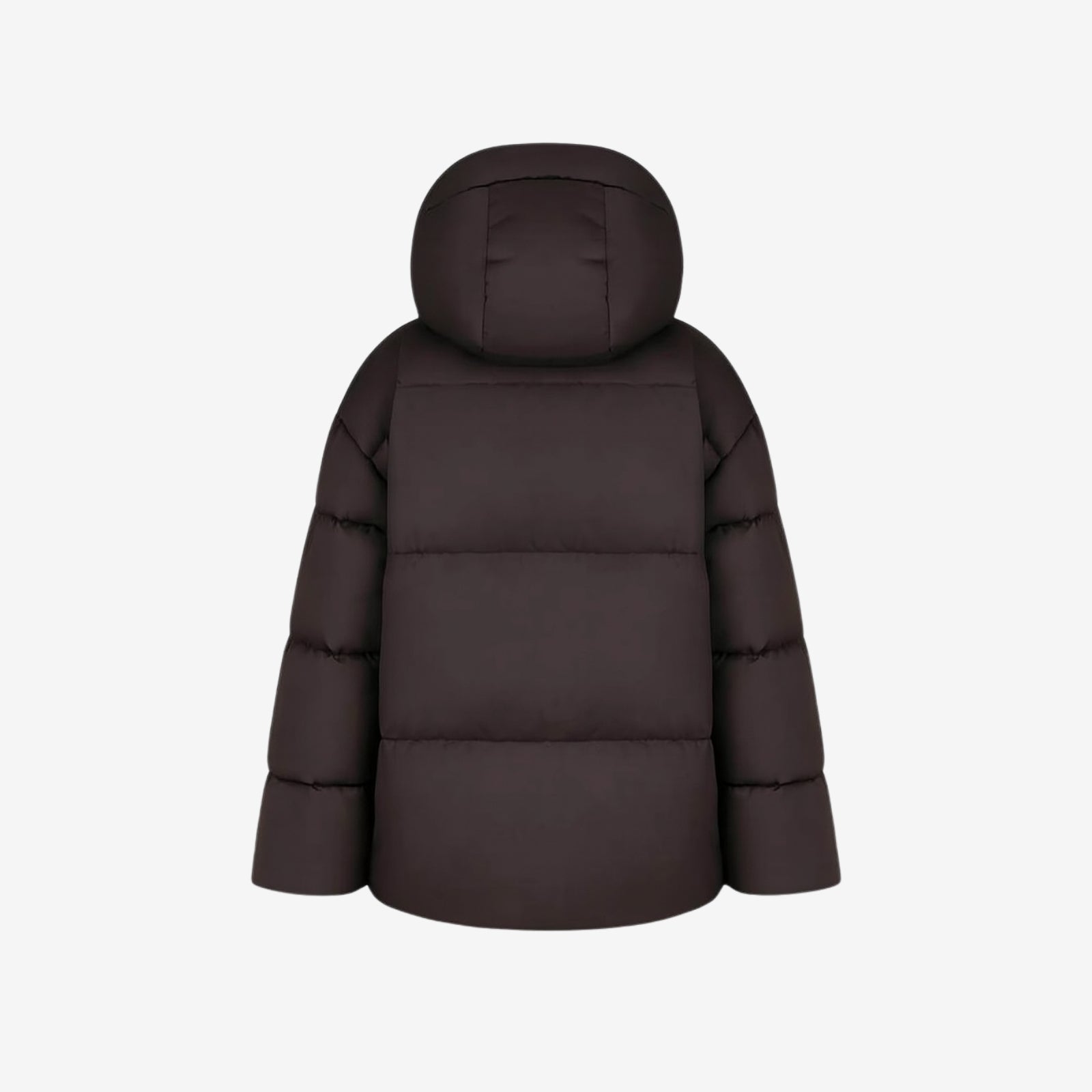 Studio product shot of the Kouvr Miranda puffer jacket in espresso brown, back view.