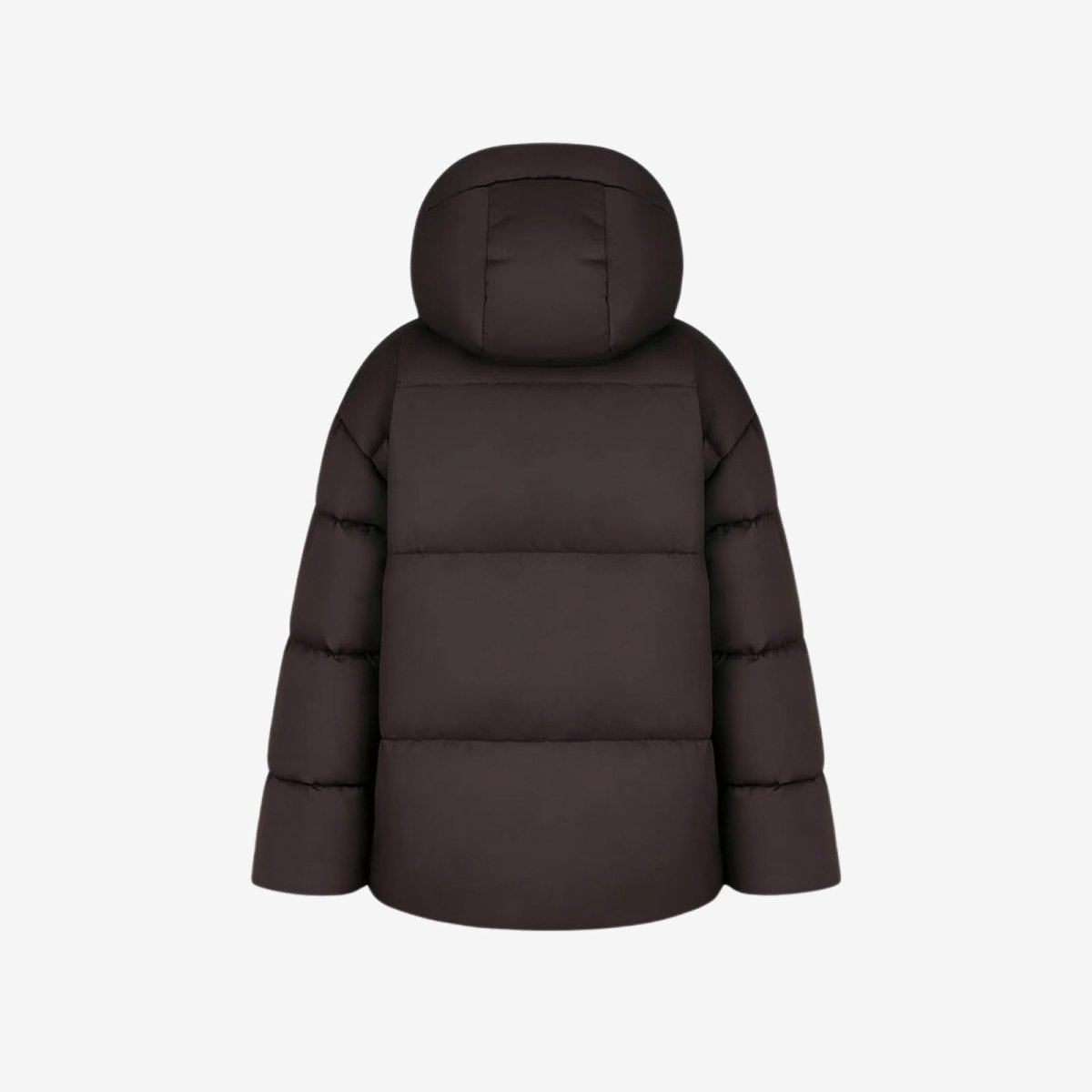 Studio product shot of the Kouvr Miranda puffer jacket in espresso brown, back view.