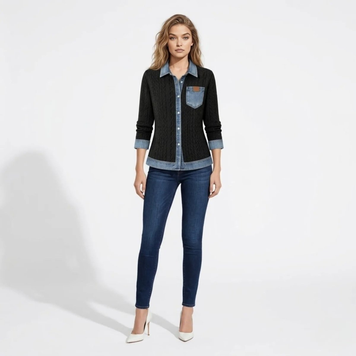 Woman wearing Kouvr mixed media black cable knit and denim cardigan with jeans and white heels.