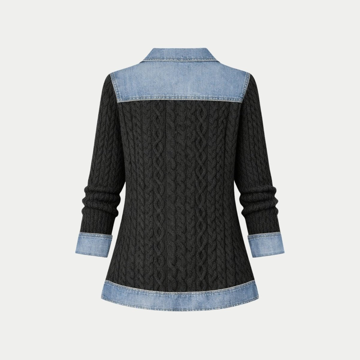 Back view of the Kouvr mixed media black cable knit and denim shacket on a white background.