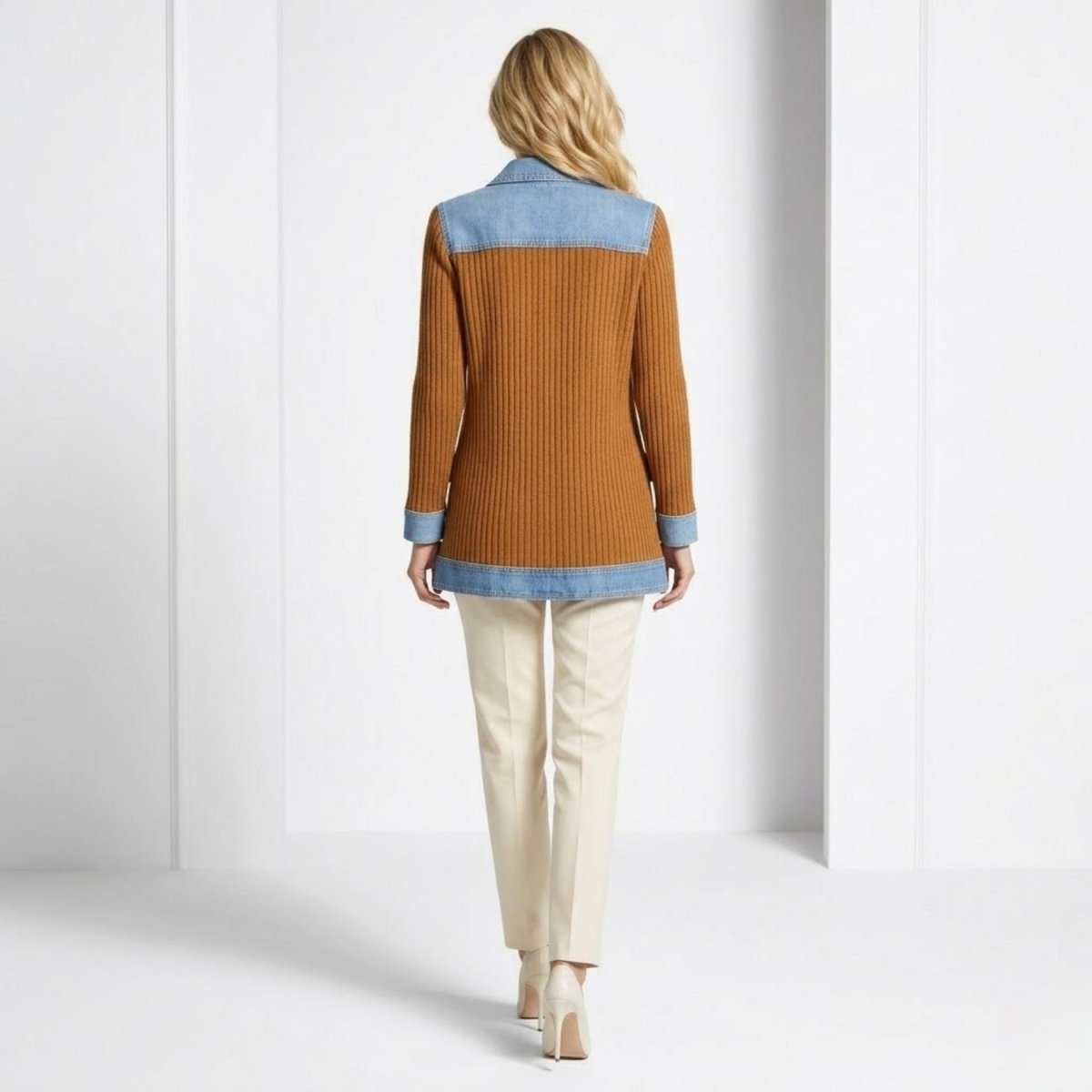 Back view of Kouvr women's hybrid blazer showing camel ribbed knit body, structured fit, and light wash denim shoulder yoke and hemline.