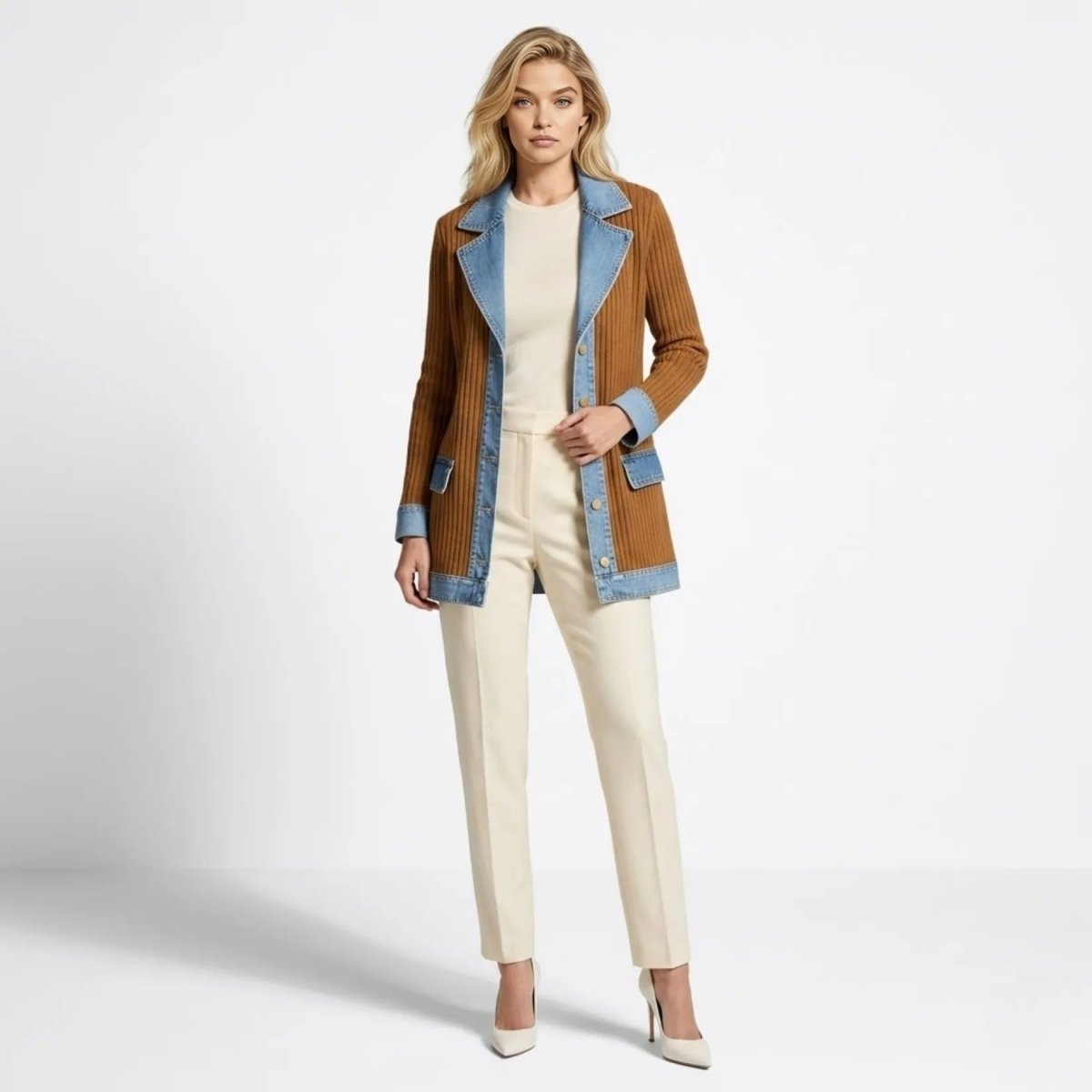 Woman wearing Kouvr camel brown ribbed knit and blue denim mixed media blazer jacket, styled open with cream trousers and top.