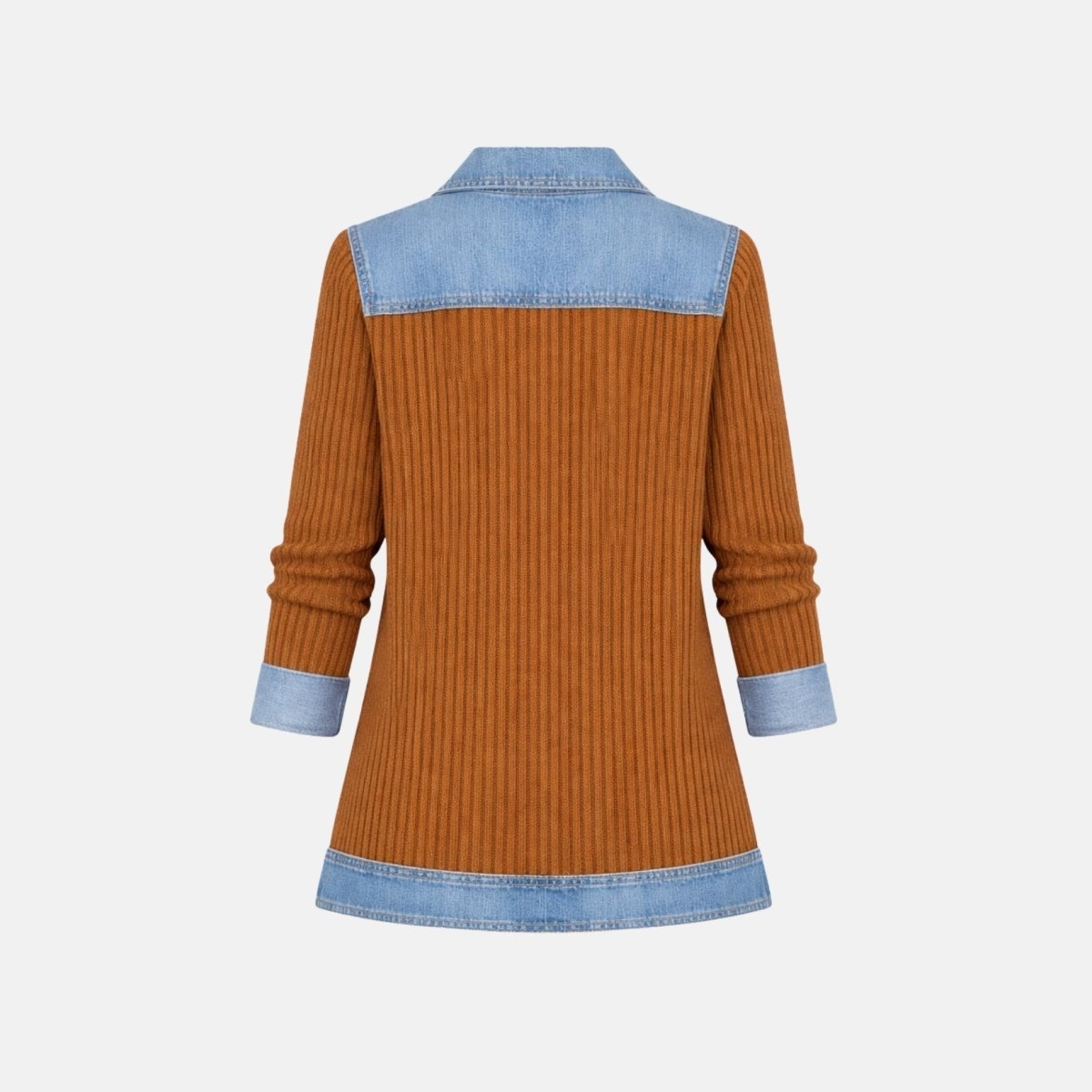 Kouvr mixed media jacket product shot back view highlighting the textural contrast between the premium brown knit and light blue denim paneling.