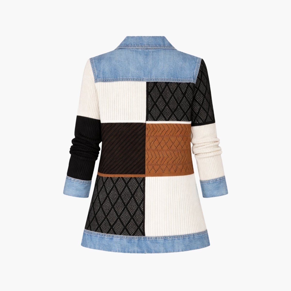 Studio flat lay back view of Kouvr mixed media colorblock knit and denim longline sweater coat highlighting contrasting textures.