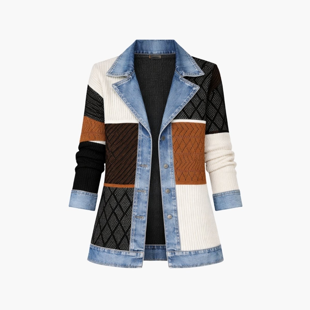 Studio flat lay front view of Kouvr unbuttoned mixed media denim knit patchwork shacket showing collar and placket.