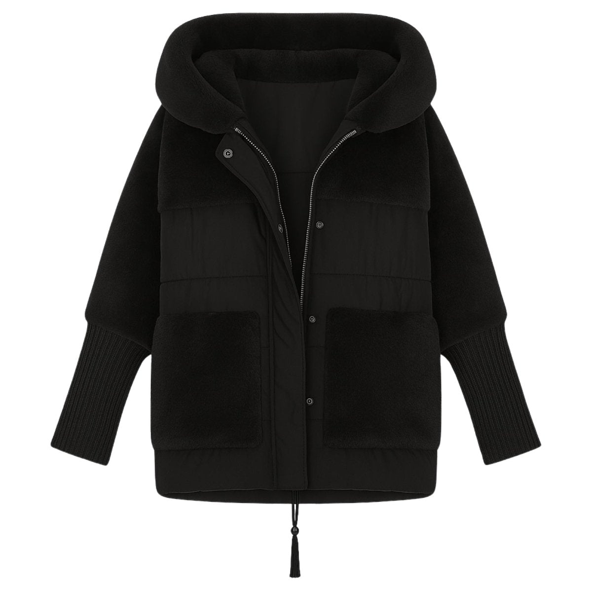 Flatlay product shot of the Kouvr black mixed media jacket showing the open zipper, lining, and pocket details.