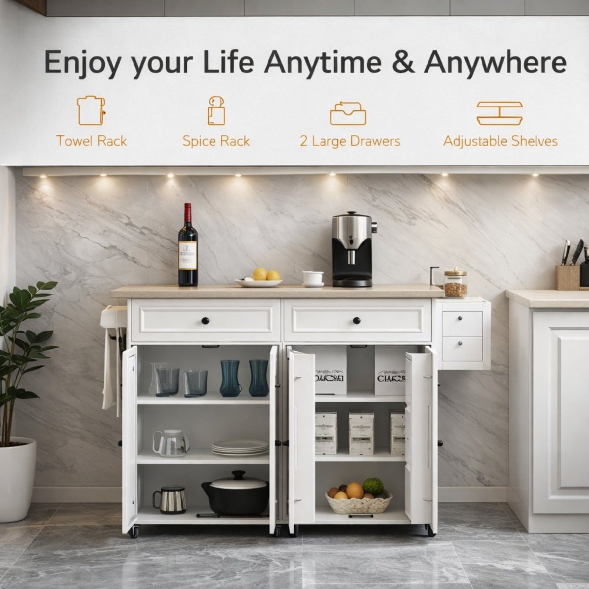 Kitchen island storage breakdown showing adjustable shelves, towel rack, spice rack, and large drawers capable of holding microwaves and cookware.