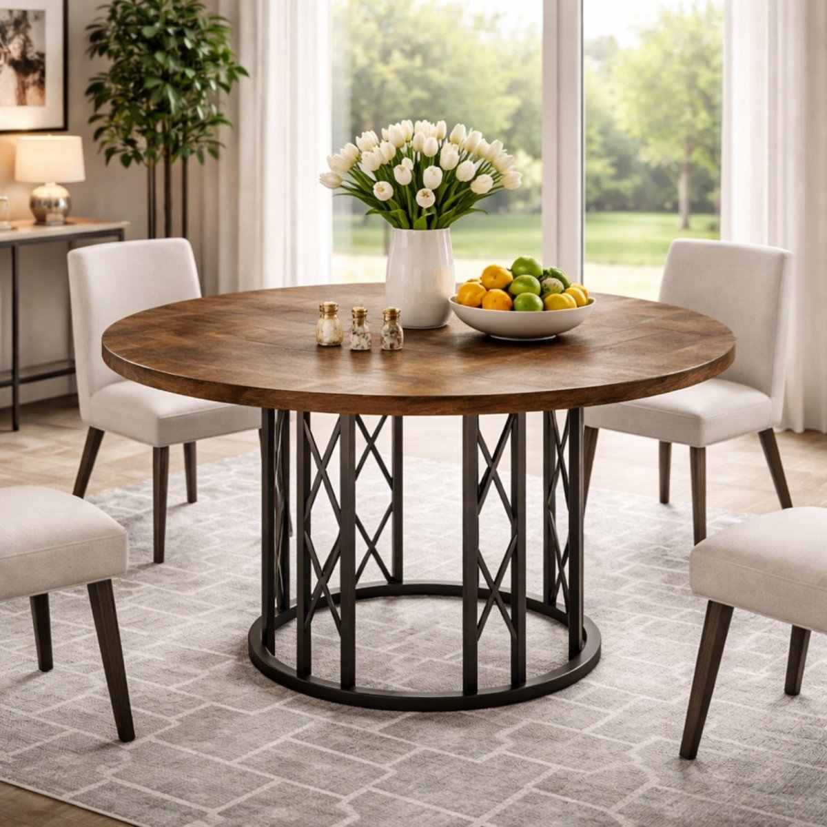 Styled interior shot of Kouvr round walnut table paired with upholstered dining chairs on a textured rug in a sunlit contemporary home.