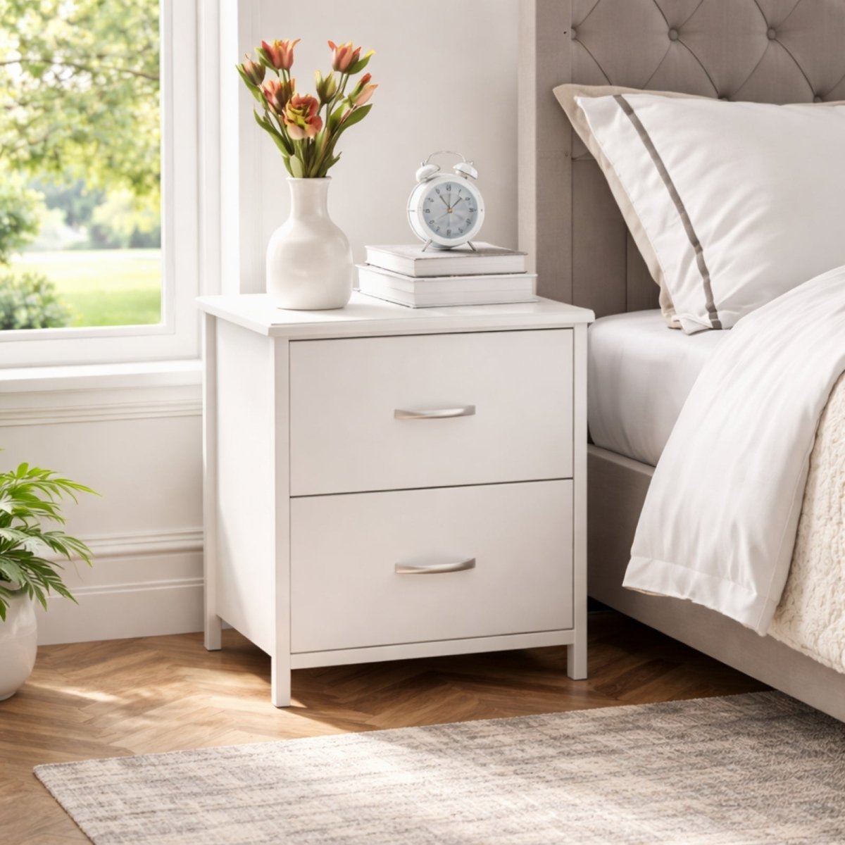 A modern all-white 2-drawer nightstand with silver handles, positioned next to a bed by a bright window with a vase of flowers on top.
