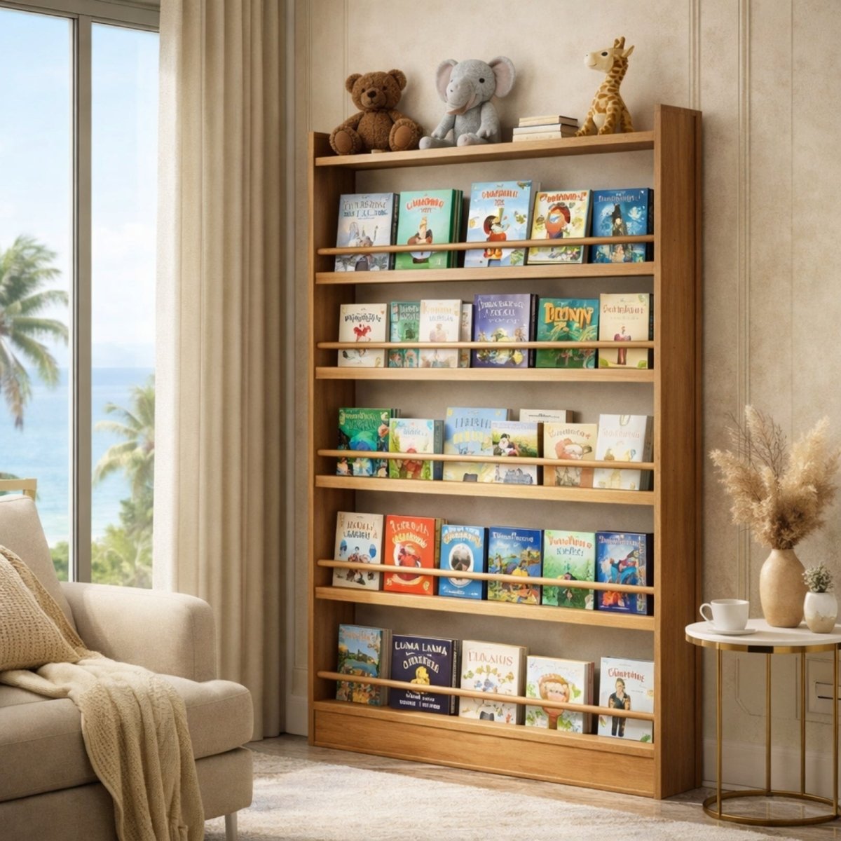 Forward-facing book display rack for nursery, slim wooden bookshelf mounted behind a door featuring children's books and stuffed animals.