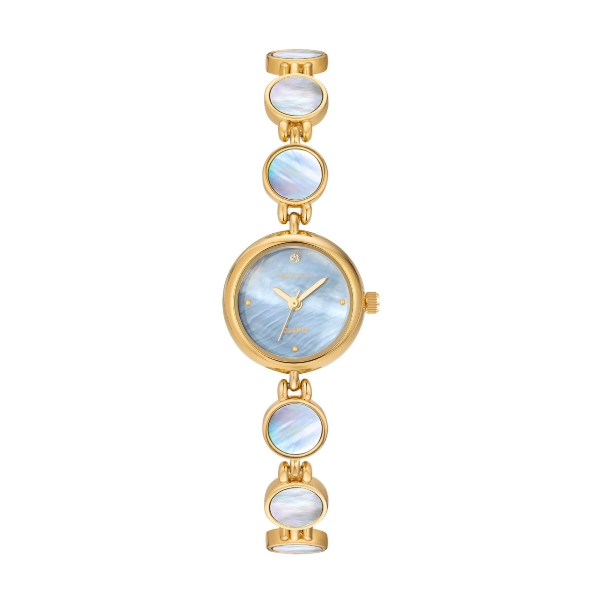 Kouvr Moon Gold Faelan gold-tone watch with a white mother of pearl bracelet and dial