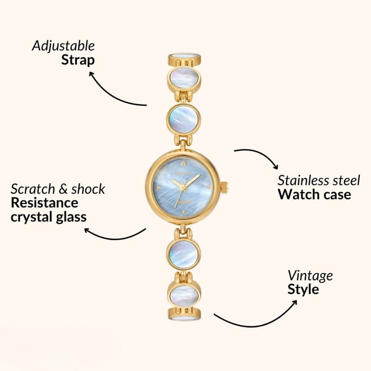 Kouvr Moon Gold Faelan gold-tone watch with a white mother of pearl bracelet.