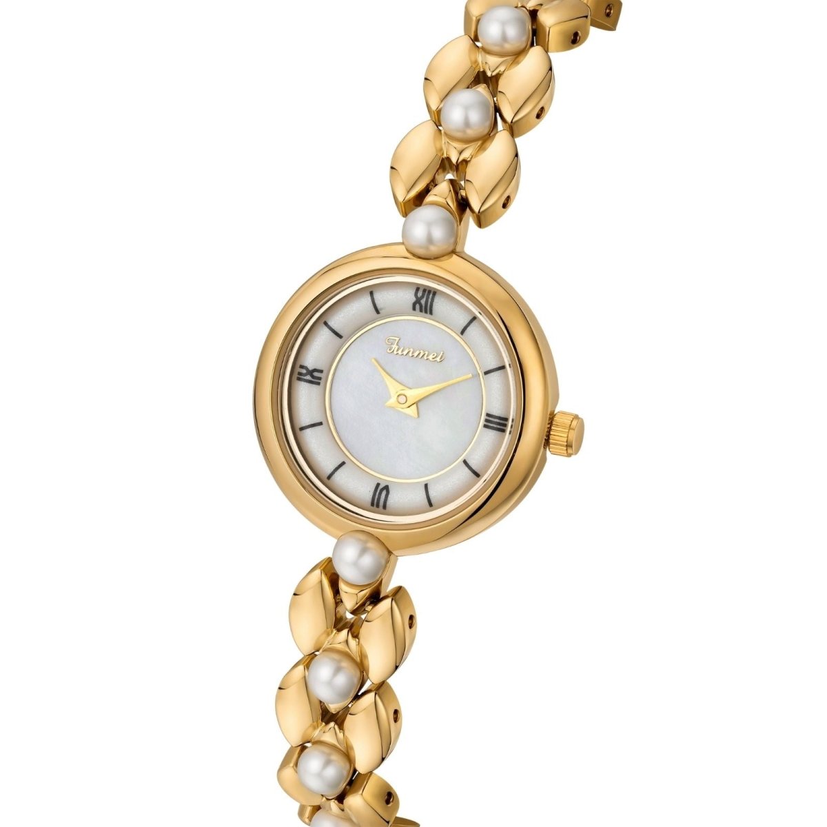 Close-up detail of the iridescent mother-of-pearl dial and gold hands on the Kouvr women's watch.