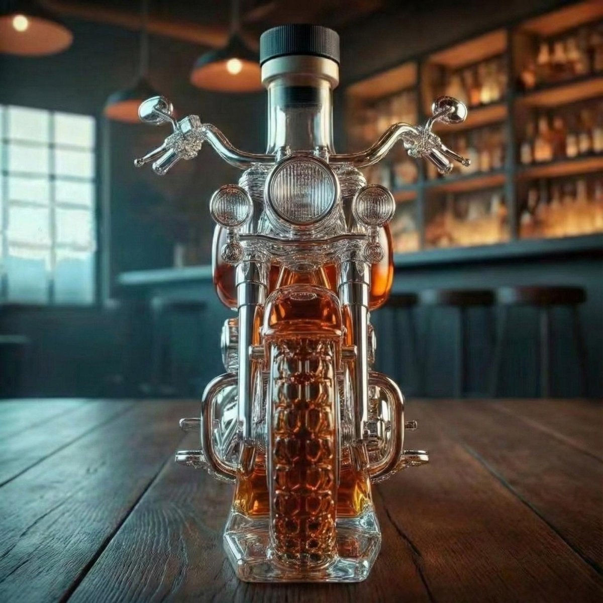 Front view of the Kouvr motorcycle liquor decanter showing the detailed handlebars, headlight, and front wheel, highlighting its intricate glass craftsmanship.