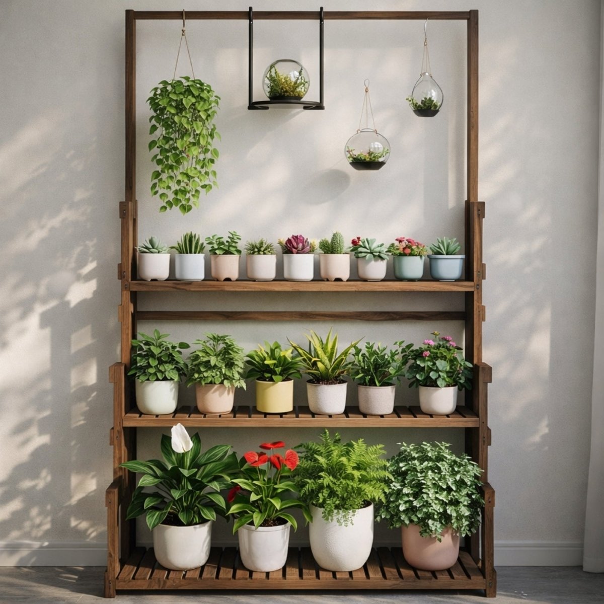 A multi-tier dark wood flower shelf displaying a collection of small potted succulents and flowers under a hanging plant.
