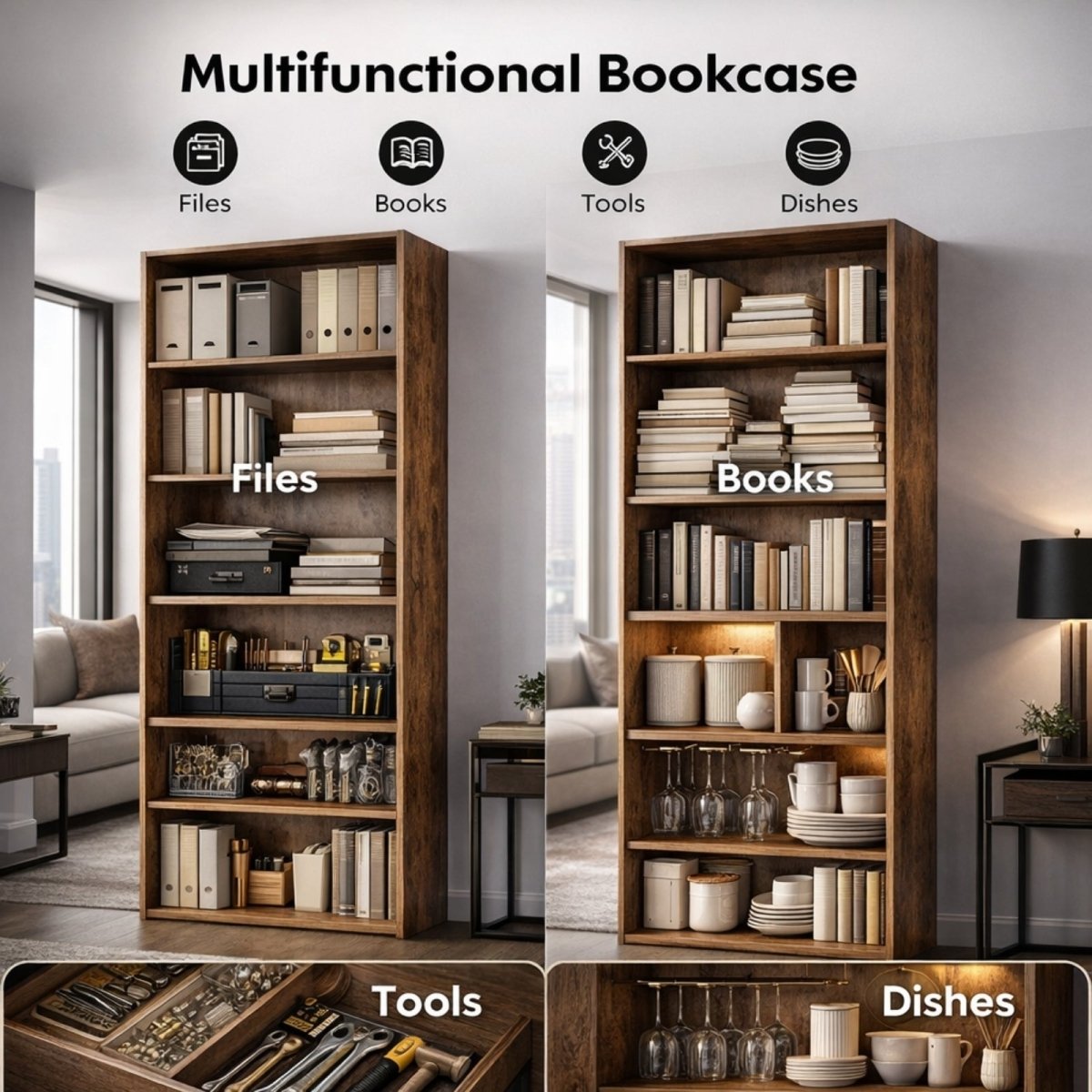 A multifunctional Kouvr bookcase shown in four distinct uses: organizing office files, displaying books, storing tools, and holding kitchen dishes.