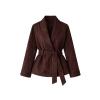 Flatlay of the Kouvr Myla belted suede wrap jacket in chocolate brown, showing the full design and shawl collar