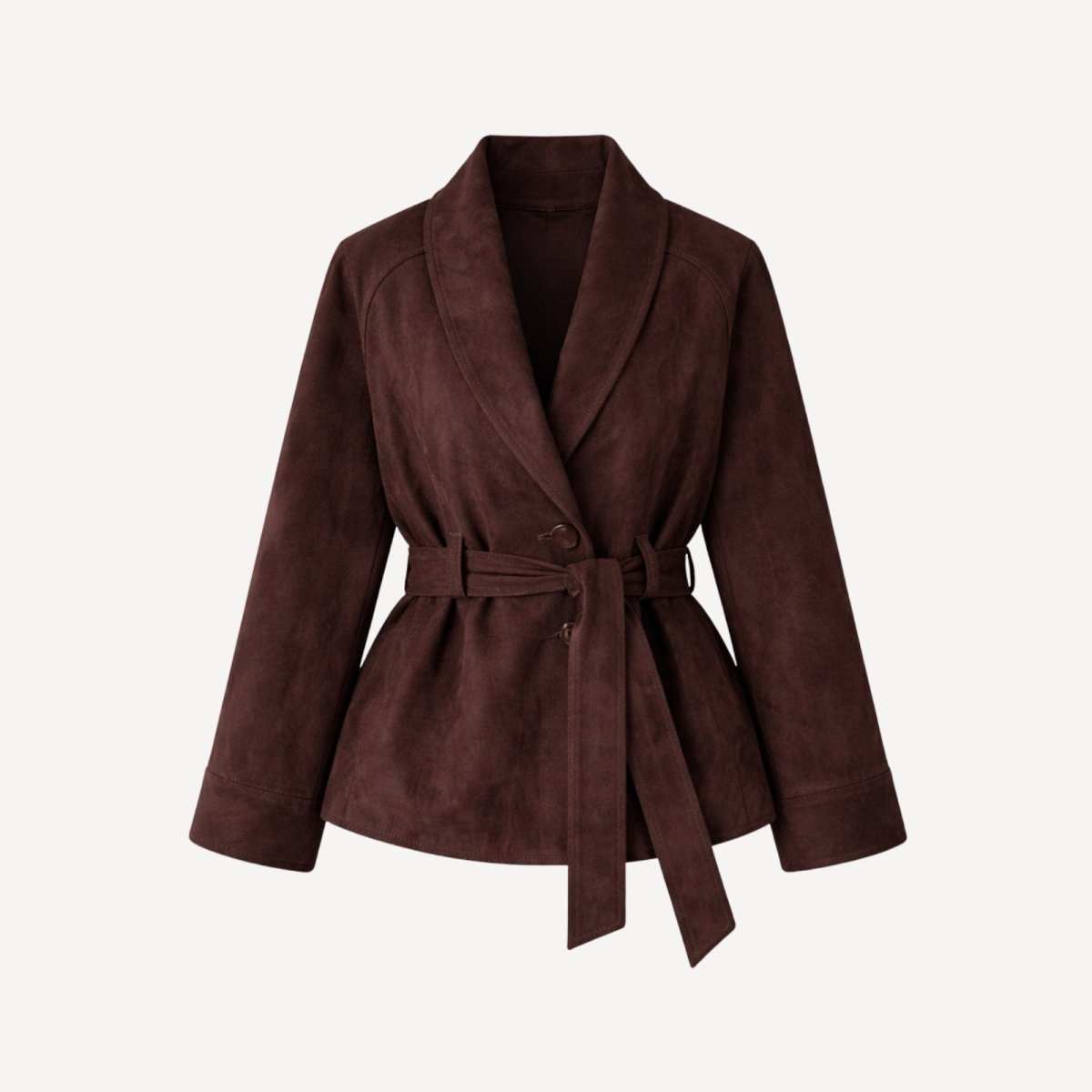 Flatlay of the Kouvr Myla belted suede wrap jacket in chocolate brown, showing the full design and shawl collar