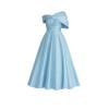 Angled product shot of the Kouvr Nadine light blue off-shoulder dress on a white background, showcasing the satin fabric.