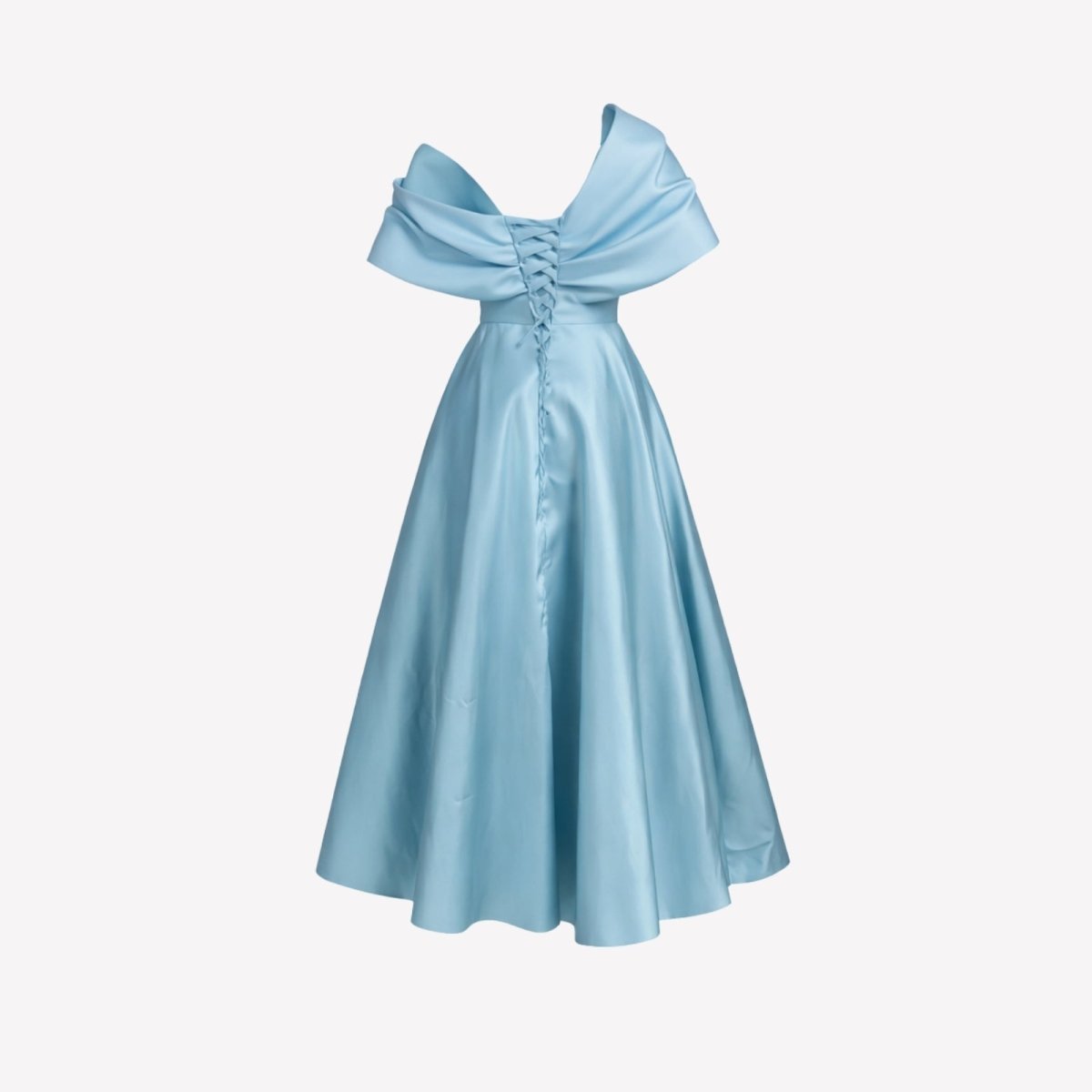 Product shot of the back of the Kouvr Nadine light blue midi dress, with a close-up of the adjustable corset back.