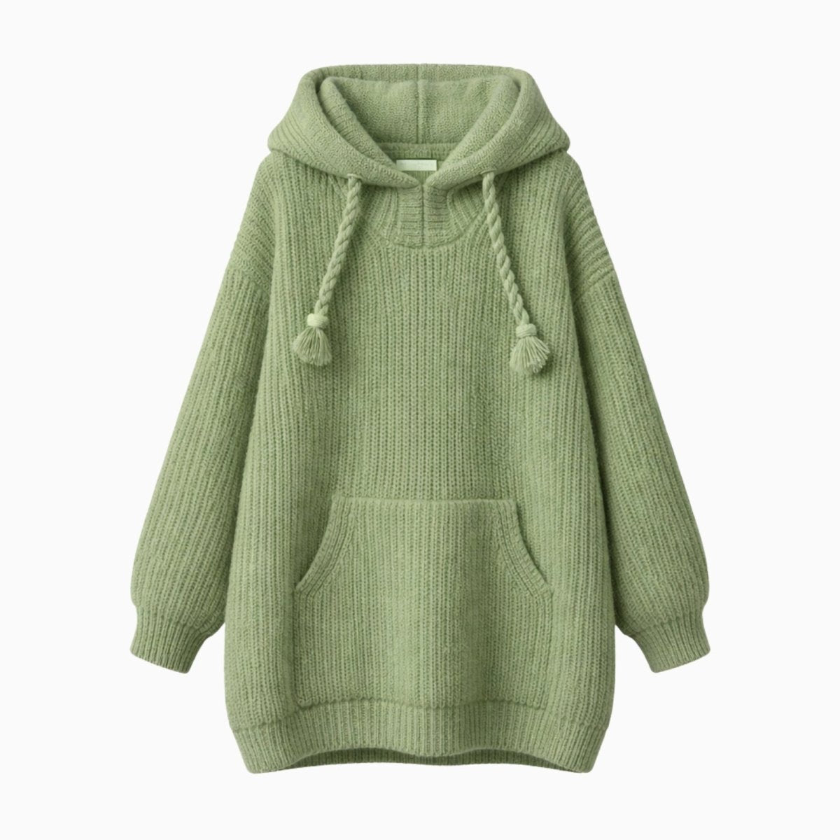 Flat lay product shot of the Kouvr Nadya knit hoodie in green, highlighting the braided tassel drawstrings and kangaroo pocket.