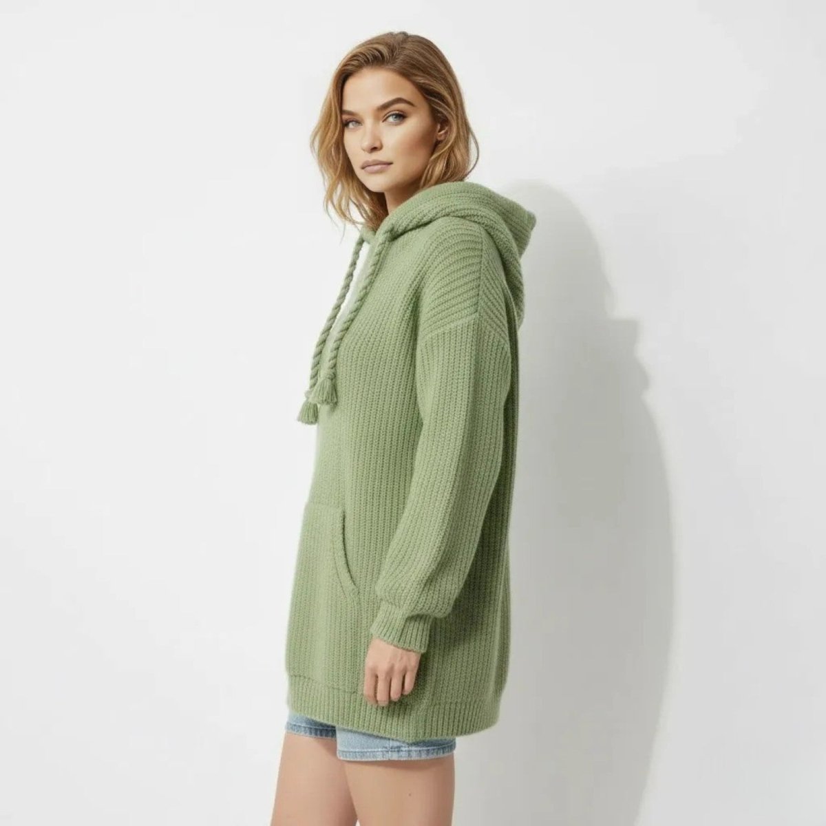 Side profile of model in the Kouvr Nadya oversized knit hoodie in green, showing the longline silhouette and hood.