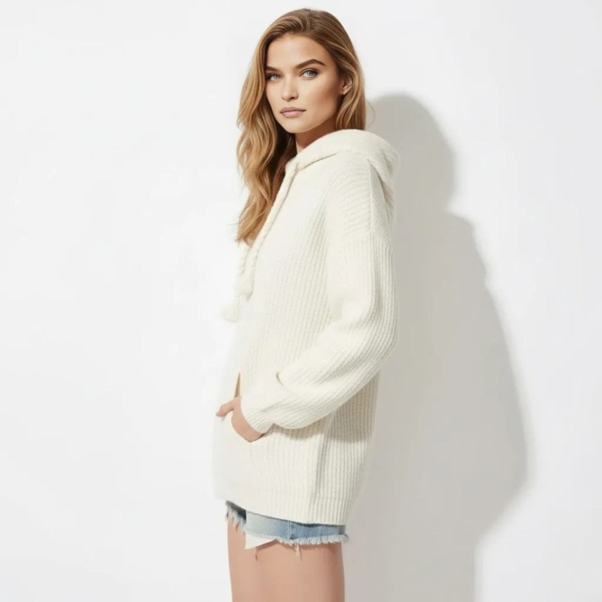 Side profile of the Kouvr Nadya oversized off white knit hoodie showing its relaxed drape and tunic length.