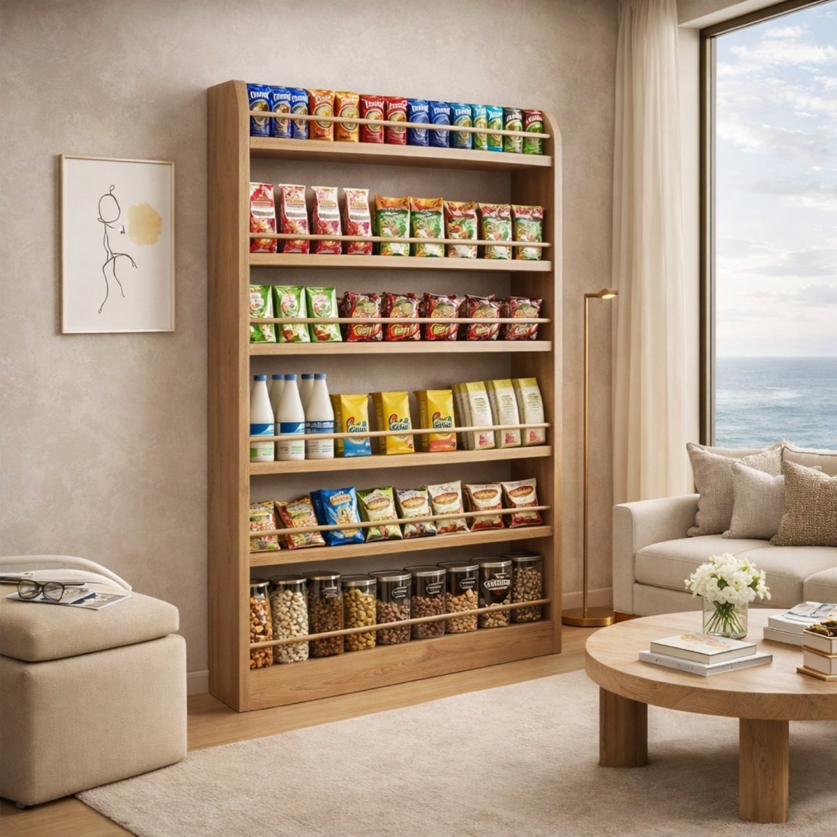 Slim pantry storage tower holding snacks and jars, space-saving kitchen organization shelf with retention bars to prevent falling items.