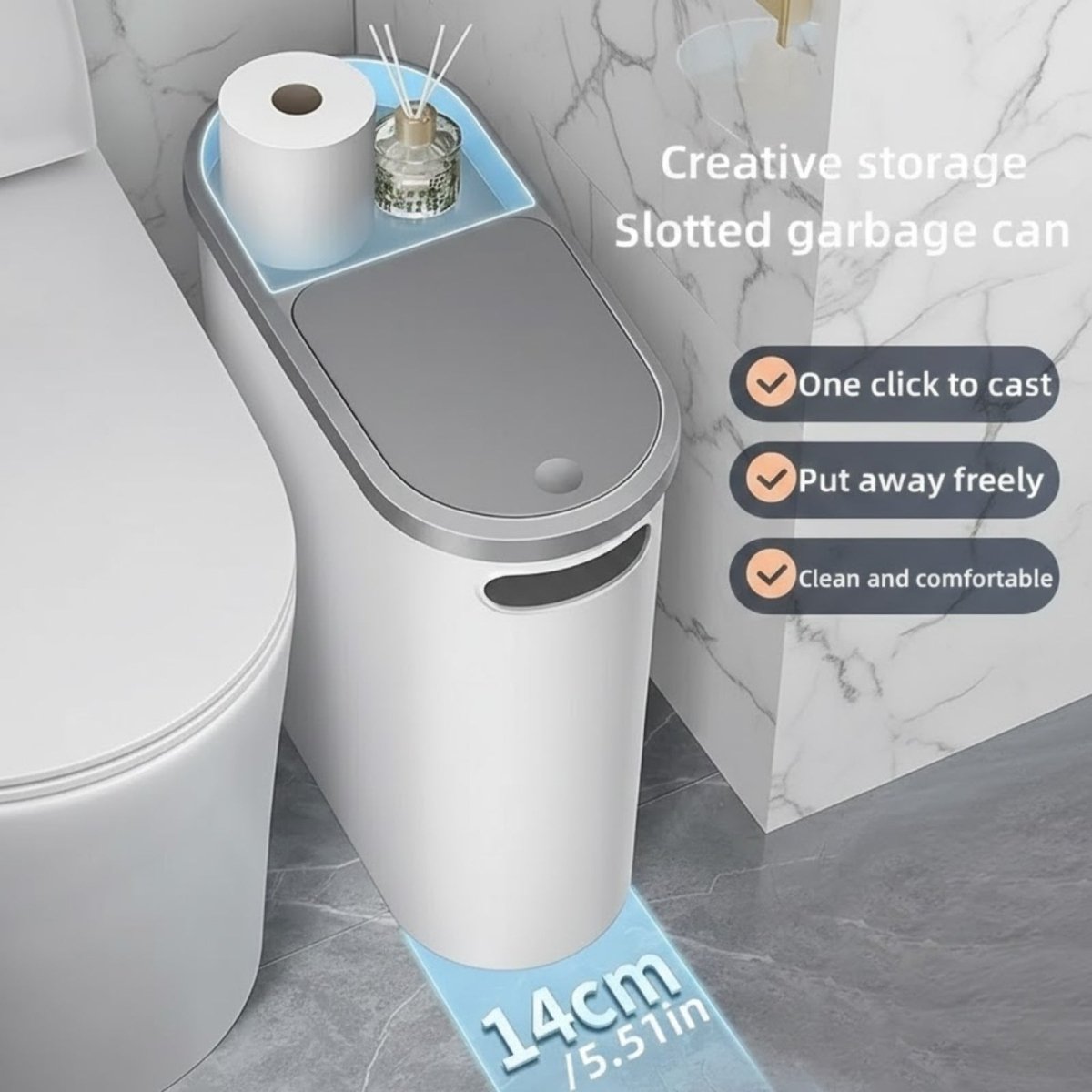 The 14cm narrow Kouvr garbage can with its creative storage top holding a roll of toilet paper and a room diffuser, shown in a marble bathroom.