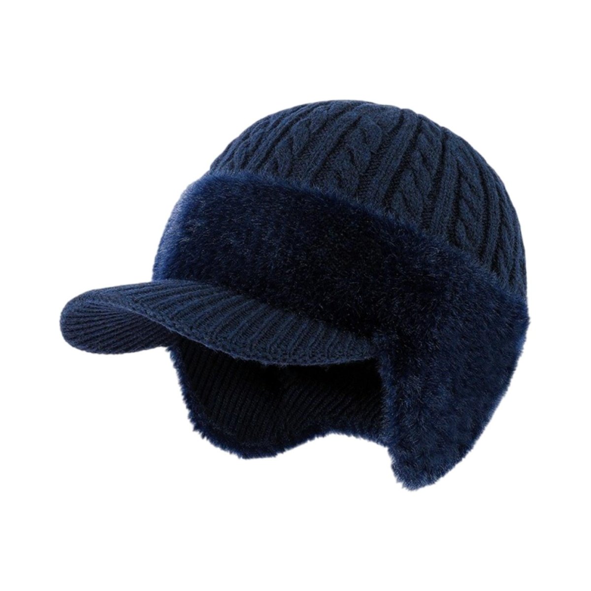Side profile of the Kouvr navy cable-knit trapper hat showing the plush faux fur lining, structured visor, and fold-down ear flaps on a white background.