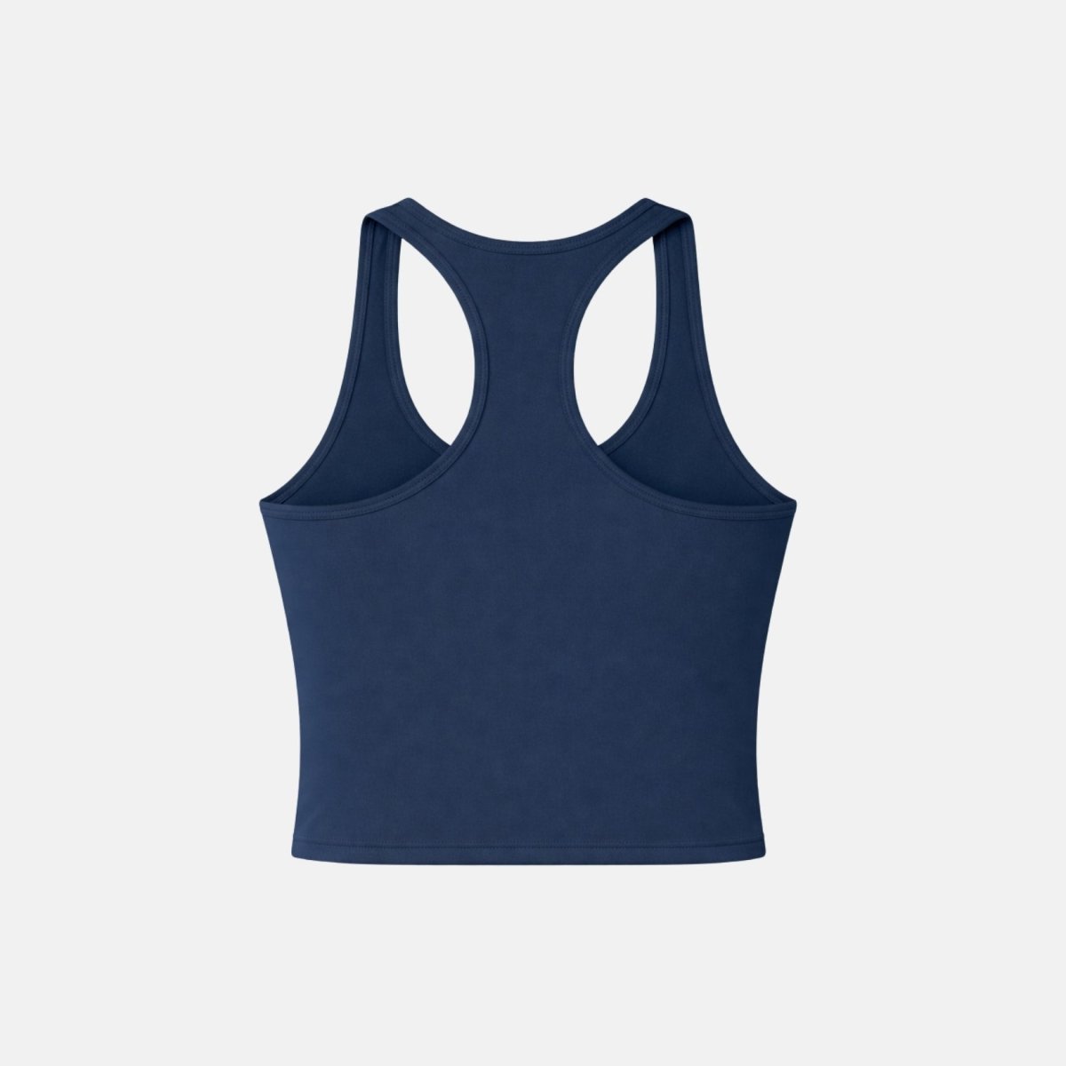 Back flat lay product shot of Kouvr luxury navy blue racerback athletic tank top.