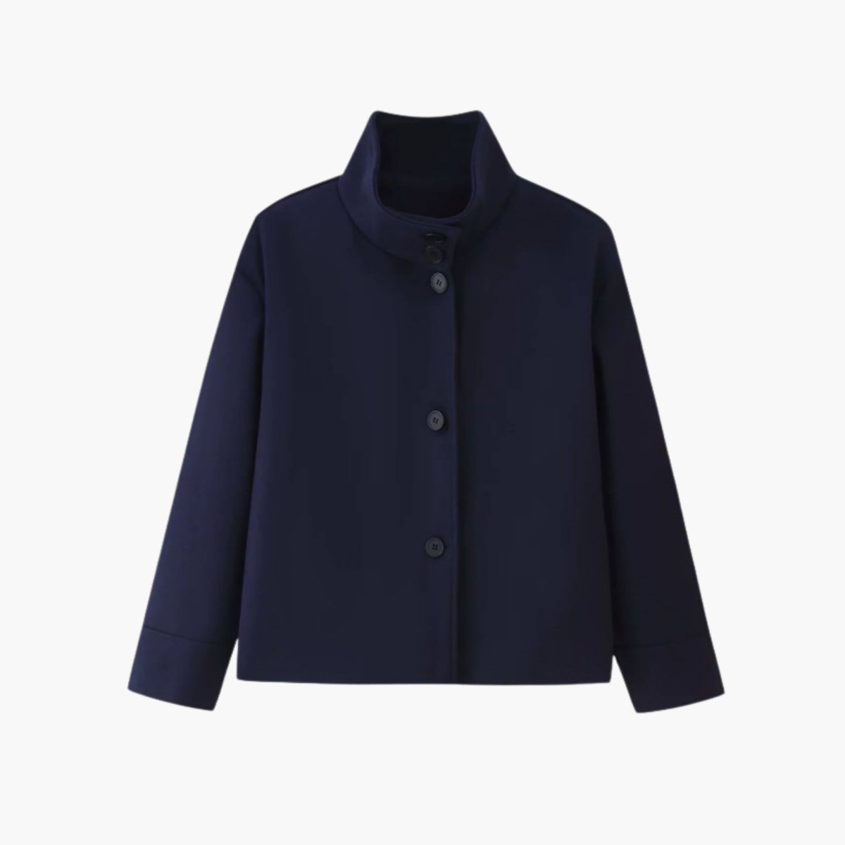 Flat lay product shot of navy single breasted button up cropped jacket with high collar.