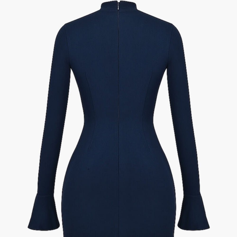 bell sleeve dress, flared cuff dress, high neck dress for women, form-fitting navy dress, sculpting bodycon dress, dress with flap pockets, sophisticated party dress, luxury going out dress
