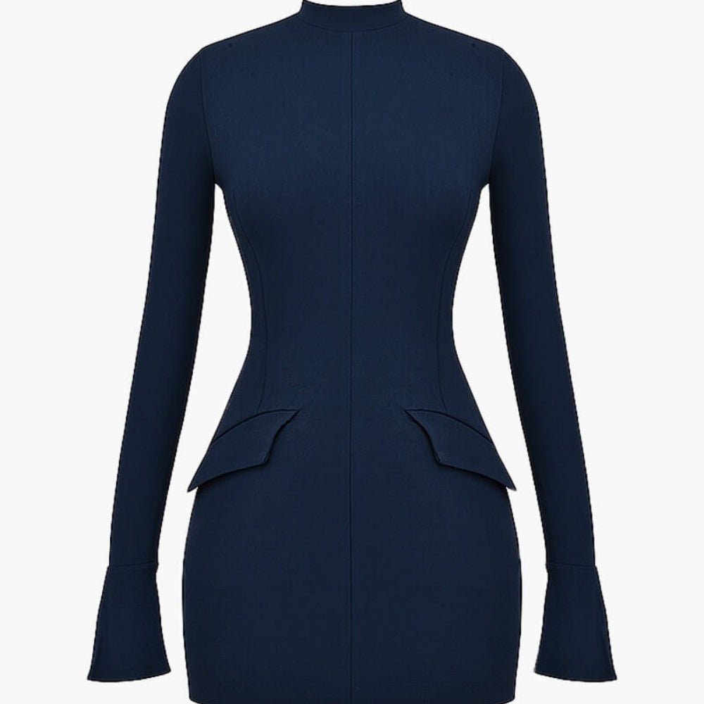 bell sleeve dress, flared cuff dress, high neck dress for women, form-fitting navy dress, sculpting bodycon dress, dress with flap pockets, sophisticated party dress, luxury going out dress