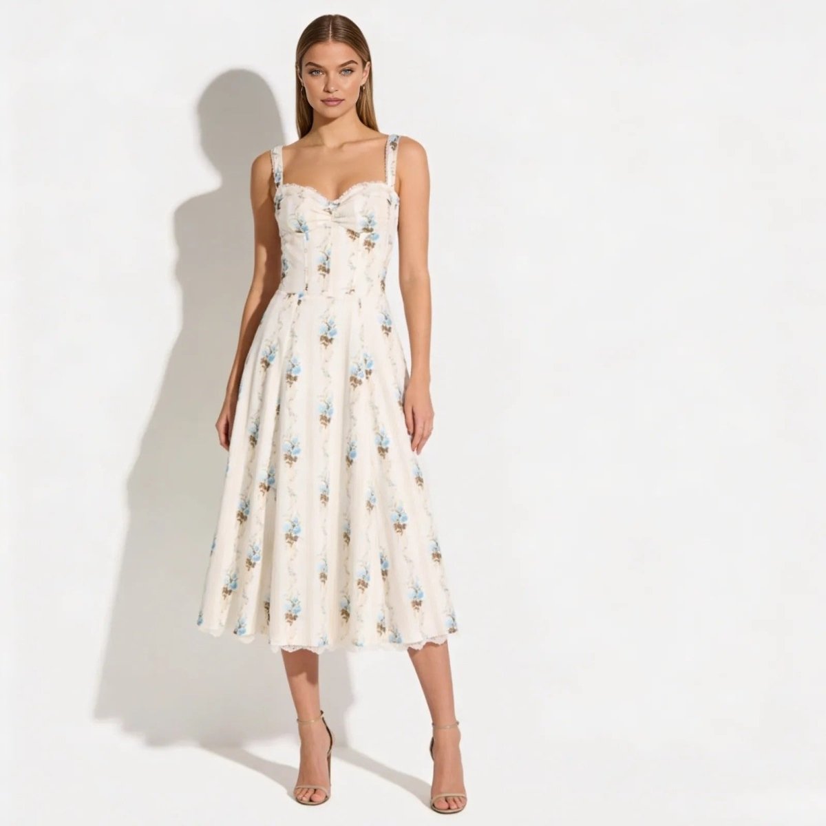 Cream Floral Corset Midi Dress with Sweetheart Neckline Blue A-Line Skirt | Wedding Guest Garden Party Dress with Lace Trim Summer Sundress by Kouvr Fashion Cream Floral Corset Midi Dress with Sweetheart Neckline Blue A-Line Skirt | Wedding Guest Garden Party Dress with Lace Trim Summer Sundress by Kouvr Fashion