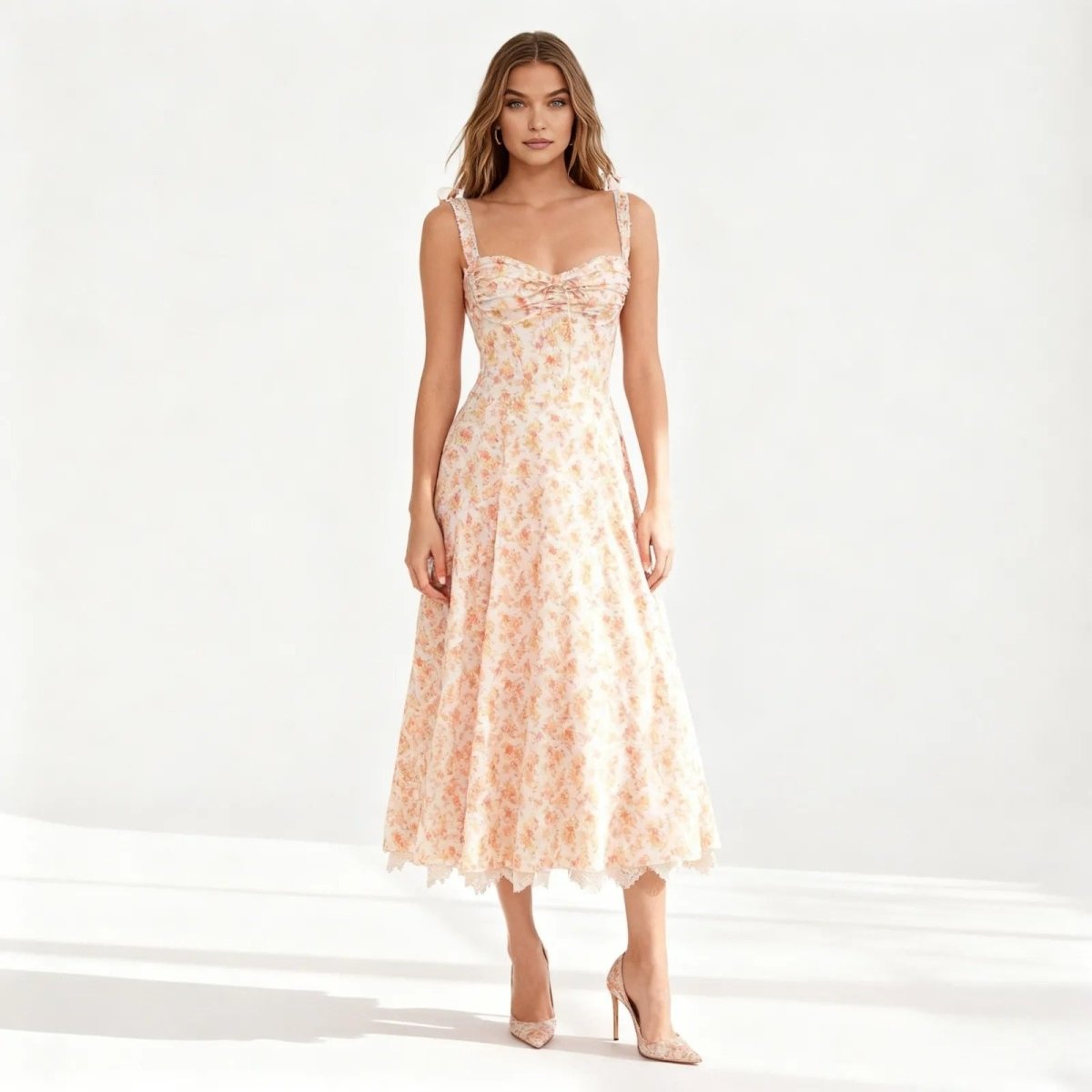 Nefeli Sweetheart Midi Dress with Lace Trim for Wedding Guest & Garden  Party