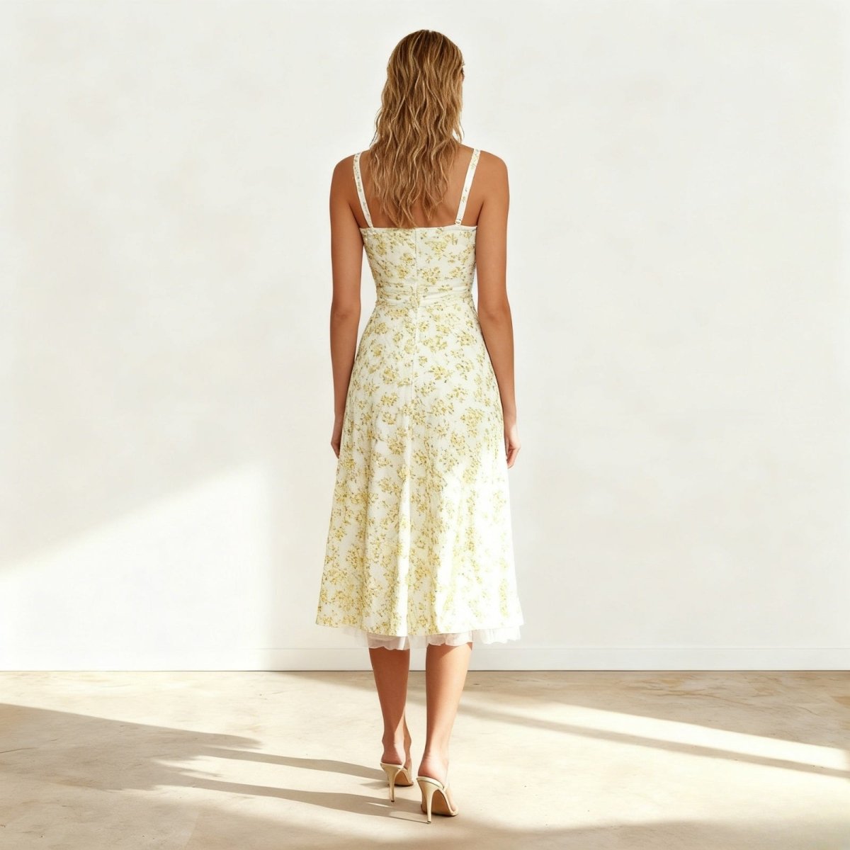 Back view of the Kouvr Fashion white floral dress highlighting the smocked back panel and delicate lace shoulder.