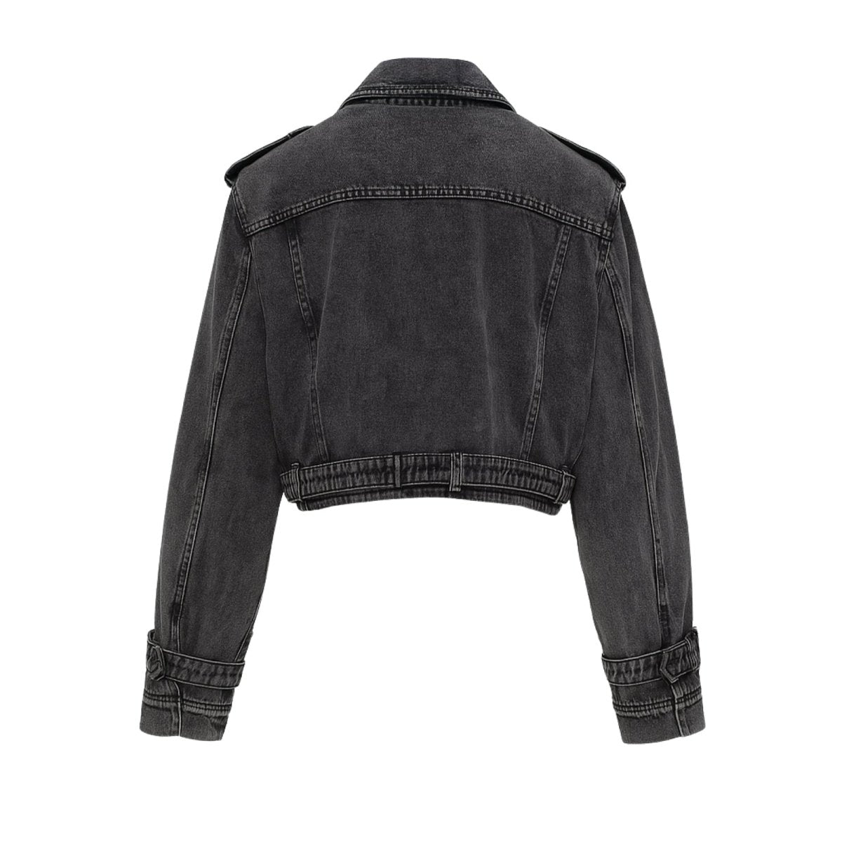 Black kouvr denim jacket on a white background