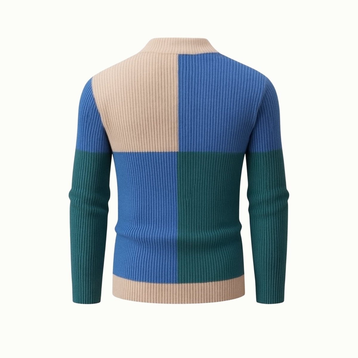 Flat product shot of the Kouvr Nerthus men's ribbed color block sweater, back side, showcasing the full knit texture and design.
