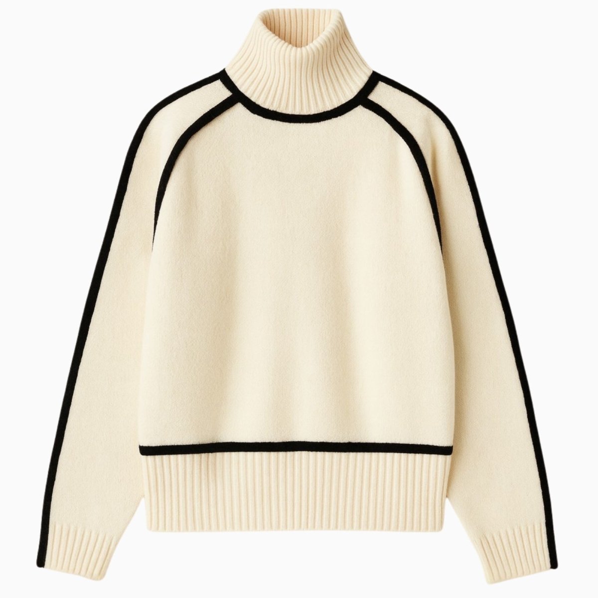 Product shot of a women's cream turtleneck sweater with black piping detail along the funnel neck, raglan sleeves, and body.