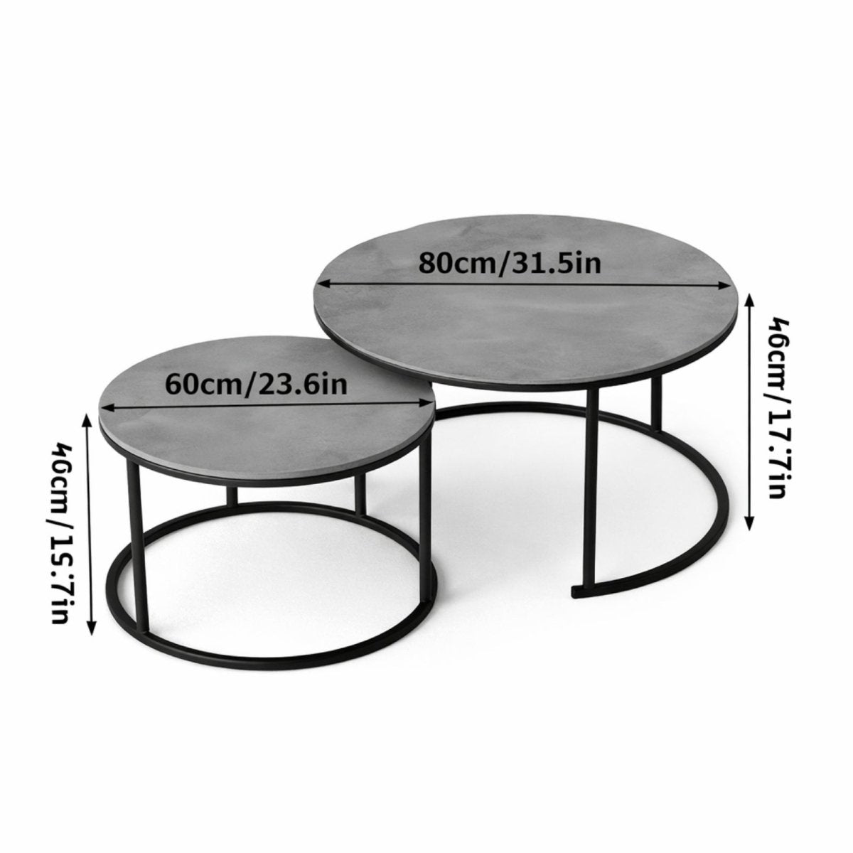 Dimension diagram showing large 80cm coffee table and small 60cm side table with height measurements.