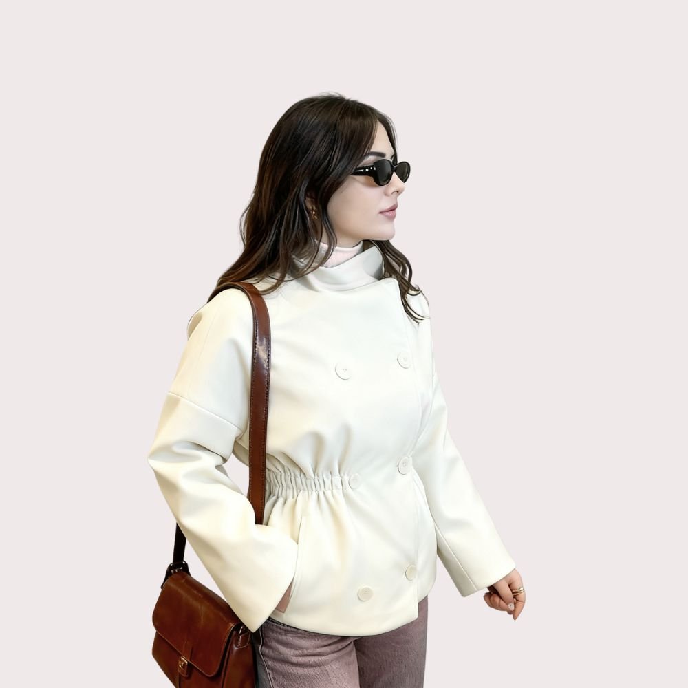 Model wearing the Niana short coat in ivory, styled with a white turtleneck and brown shoulder bag