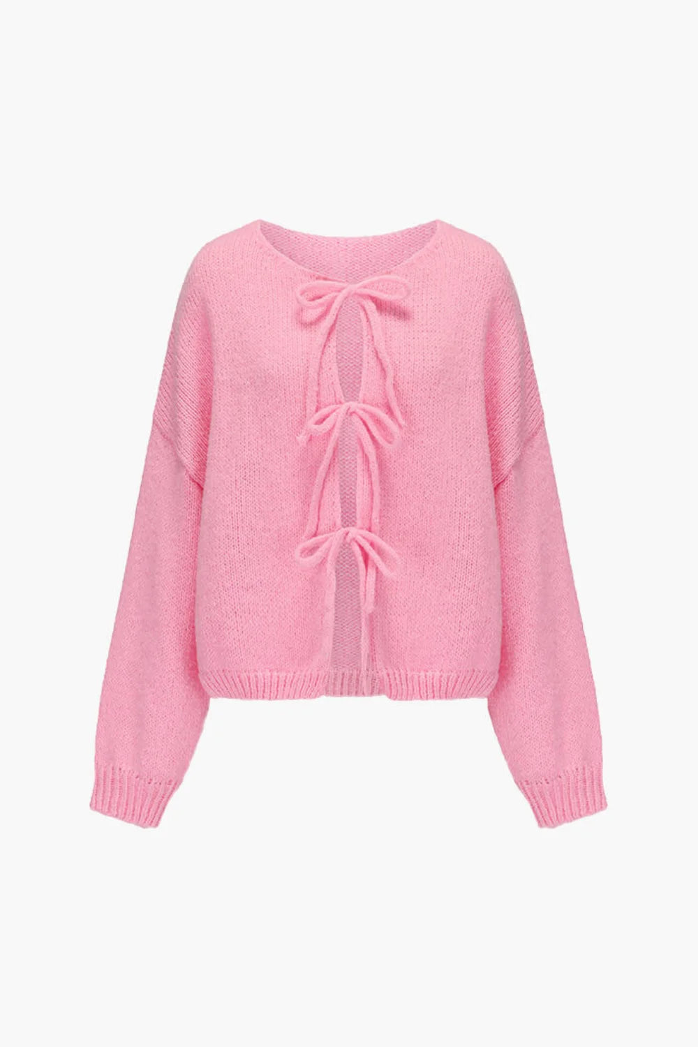 romantic knitwear," "feminine layering piece," "soft girl aesthetic," "luxury pink sweater," "balloon sleeve knit," "delicate open-front sweater
