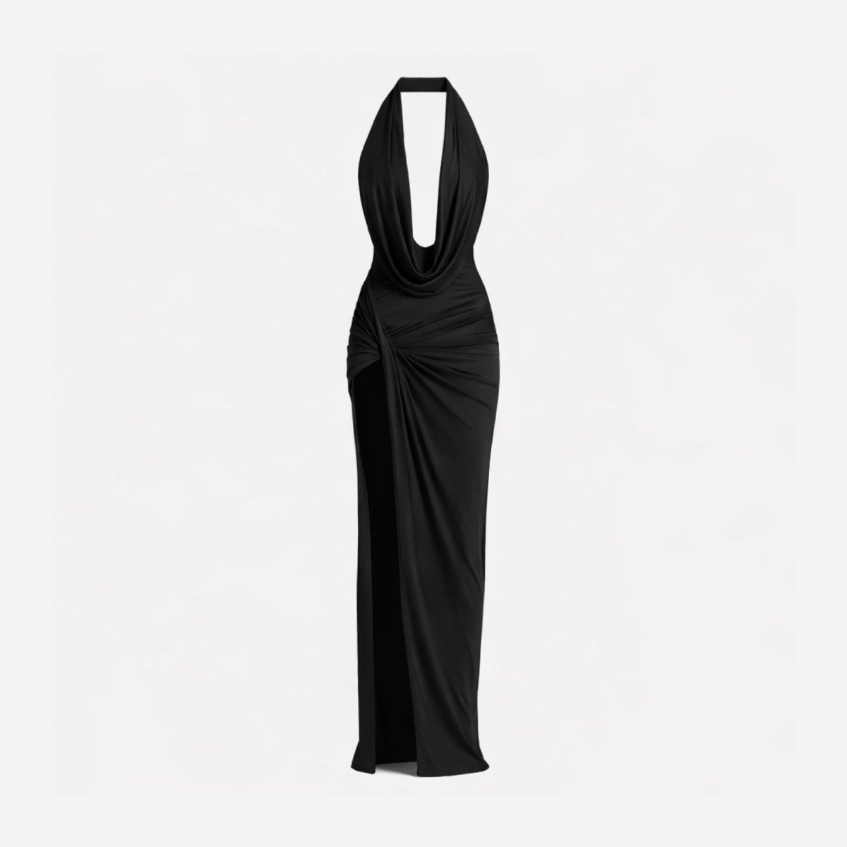 Flat product shot of the Nina black cowl neck formal gown by Kouvr Fashion.