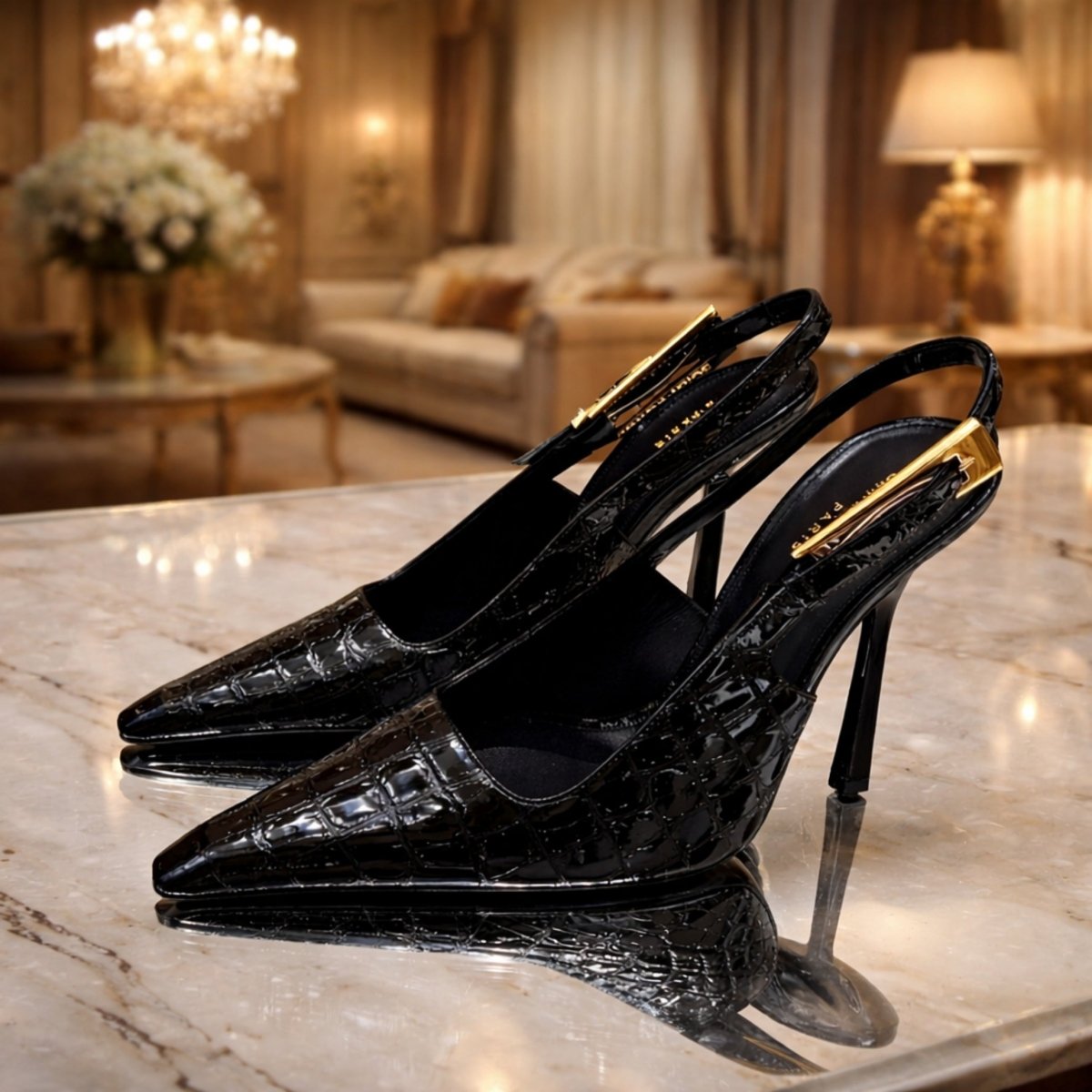 Side view of a model wearing Kouvr Nyxara black patent leather slingback pumps with stiletto heels and black trousers against a white background.