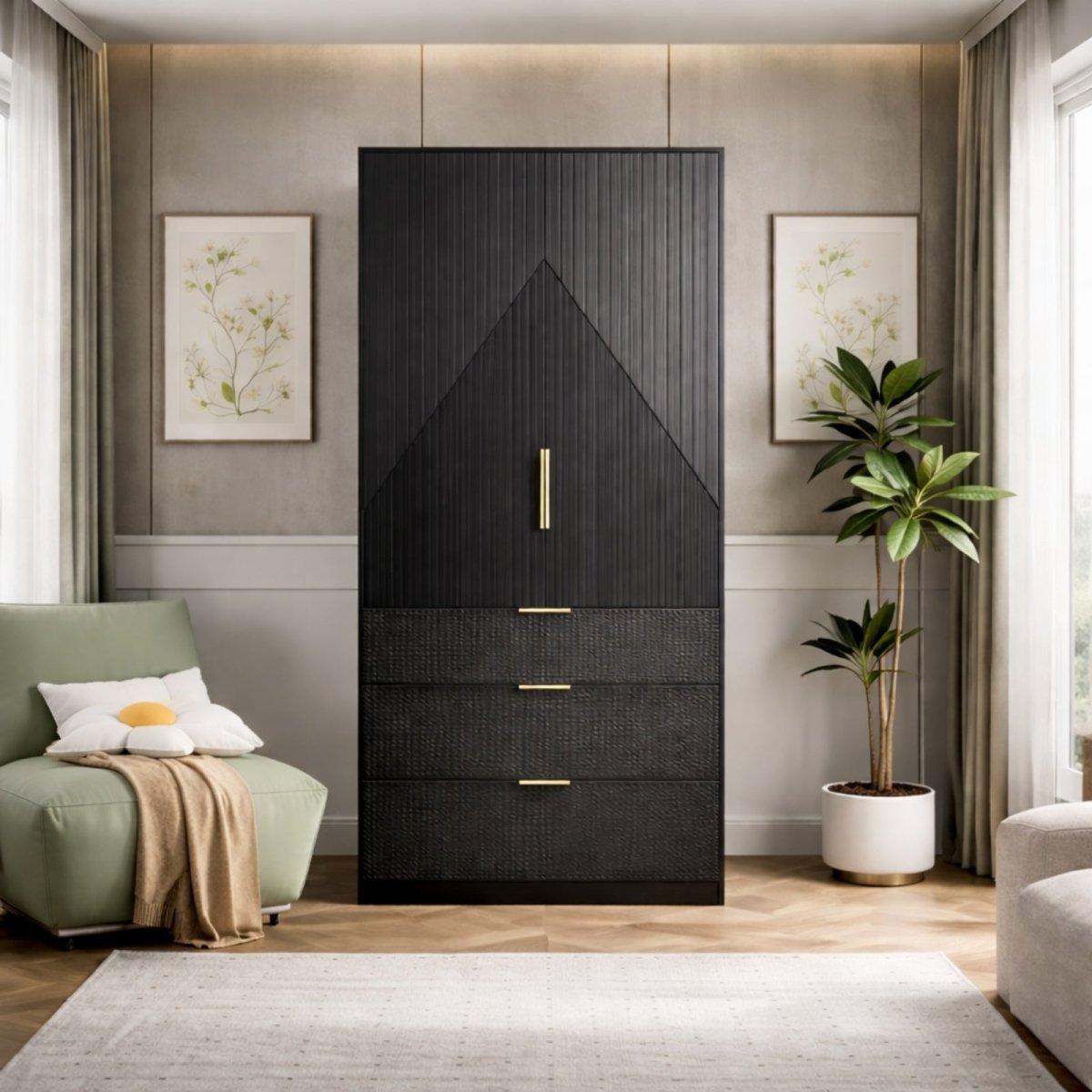 Kouvr modern black armoire featuring geometric triangle fluted wood pattern, three bottom drawers, and gold handles standing next to a green lounge chair.