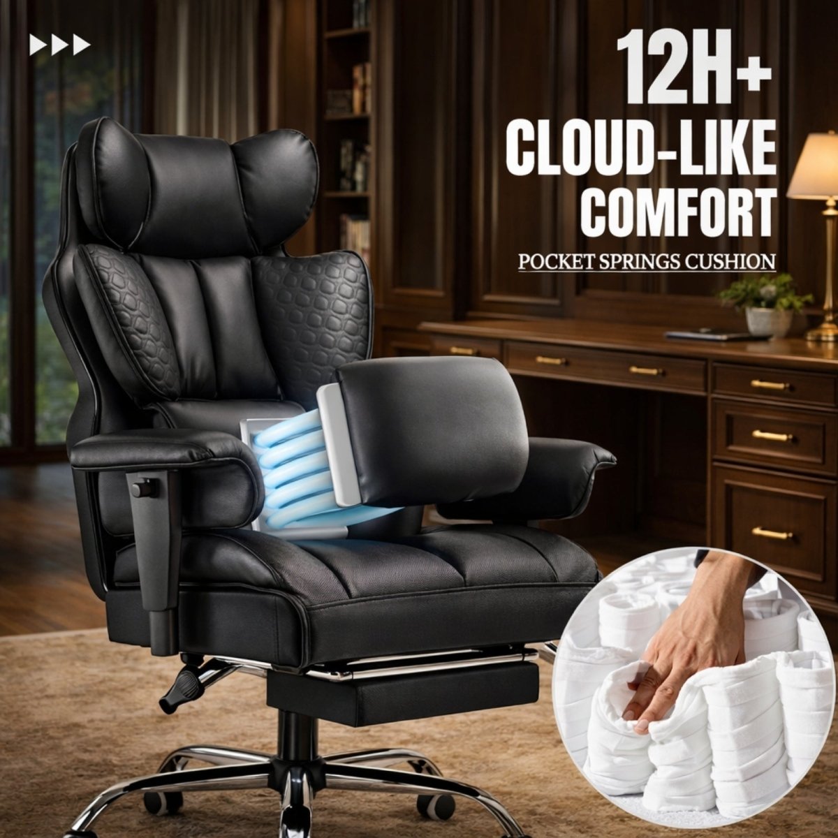 Cutaway view of the Kouvr office chair's seat cushion, revealing the internal pocket spring system for cloud-like comfort.