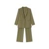 Flatlay of the Kouvr Fashion women's two-piece suit in olive green, showing the front of the single-breasted blazer and wide-leg trousers.