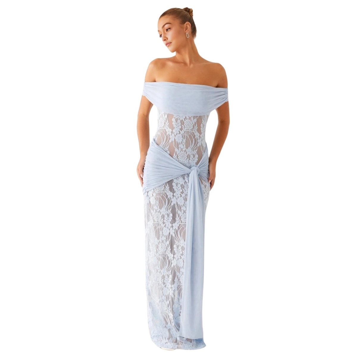 Woman wearing a light blue Kouvr off-shoulder lace dress on a white background