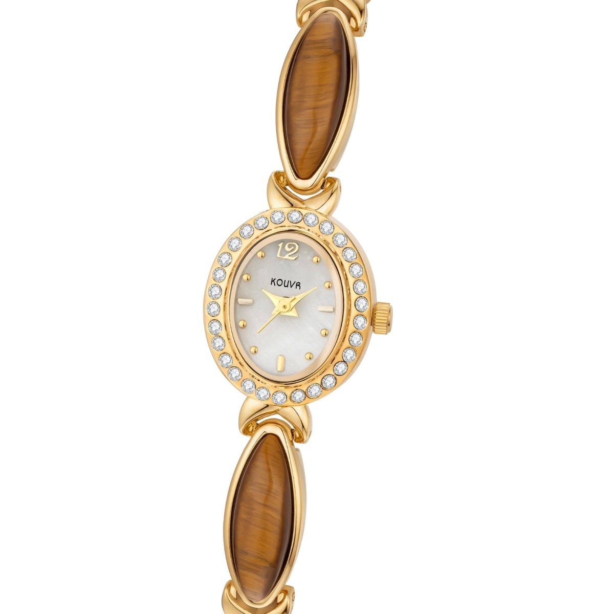 Closeup of the oval dial on the Kouvr gold Tiger's Eye watch, showing the crystal halo and gold hands.